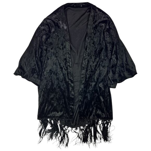 Source Unknown Jackets & Blazers - Black Velvet Kimono Shawl w/Fringe & Moon/Sun/3rd Eye Graphics on Back | Size OS